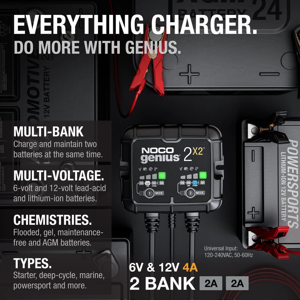 NOCO GENIUS2X2 2-Bank 4A (2A/Bank) 6V/12V Smart Battery Charger and Maintainer
