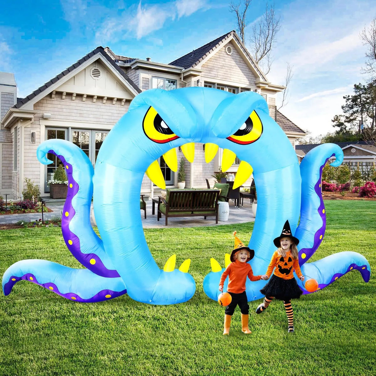 DomKom Halloween Inflatable Blow Up Decorations, 16FT Long 8FT Tall Blue Monster Octopus Archway, Built-in LEDs for Holiday Party, Garden, Lawn, Yard, Patio Décor