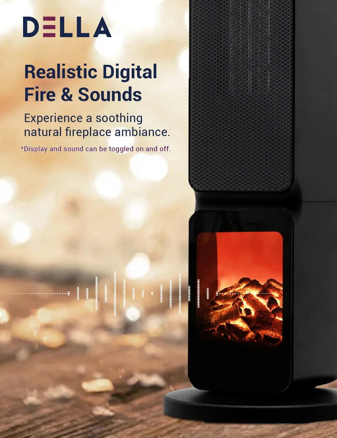 DELLA 26 1500W PTC Fast and Quiet Ceramic Portable Electric Space Heaters with Realistic 3D Flame & Fire Crackling Sound, 3 Modes, Eco, LED Display, Remote, Safety Indoor Room Tower Heater Fan, Black