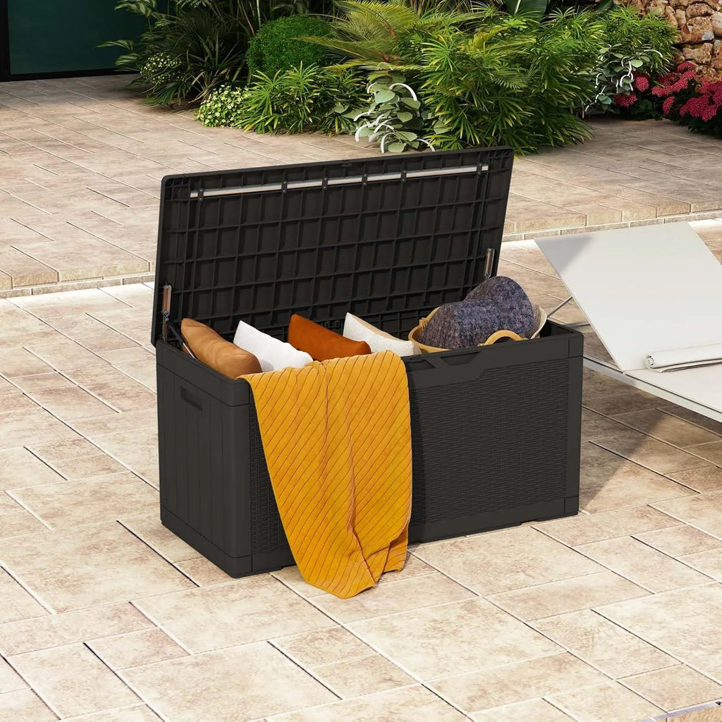 Patiowell 100 Gallon Resin Deck Box with cushion, Waterproof Large Outdoor Storage Box for Patio Furniture and Garden Tools, Black