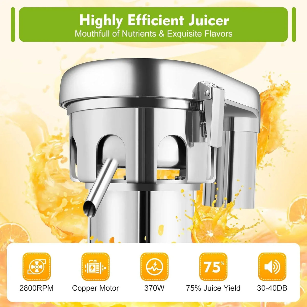 Commercial Juice Extractor, 370W 110V Electric Stainless Steel Juicer for Fruit Vegetable Heavy Duty Centrifugal Juicer Machine Juice & Residue Separated Low Noise