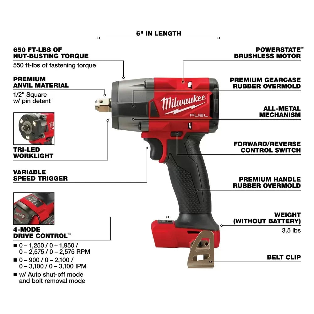 Milwaukee Pre-Sale 2962P-22R M18 FUEL 18V 1/2 Mid-Torque Impact Wrench w/ Pin Detent Kit