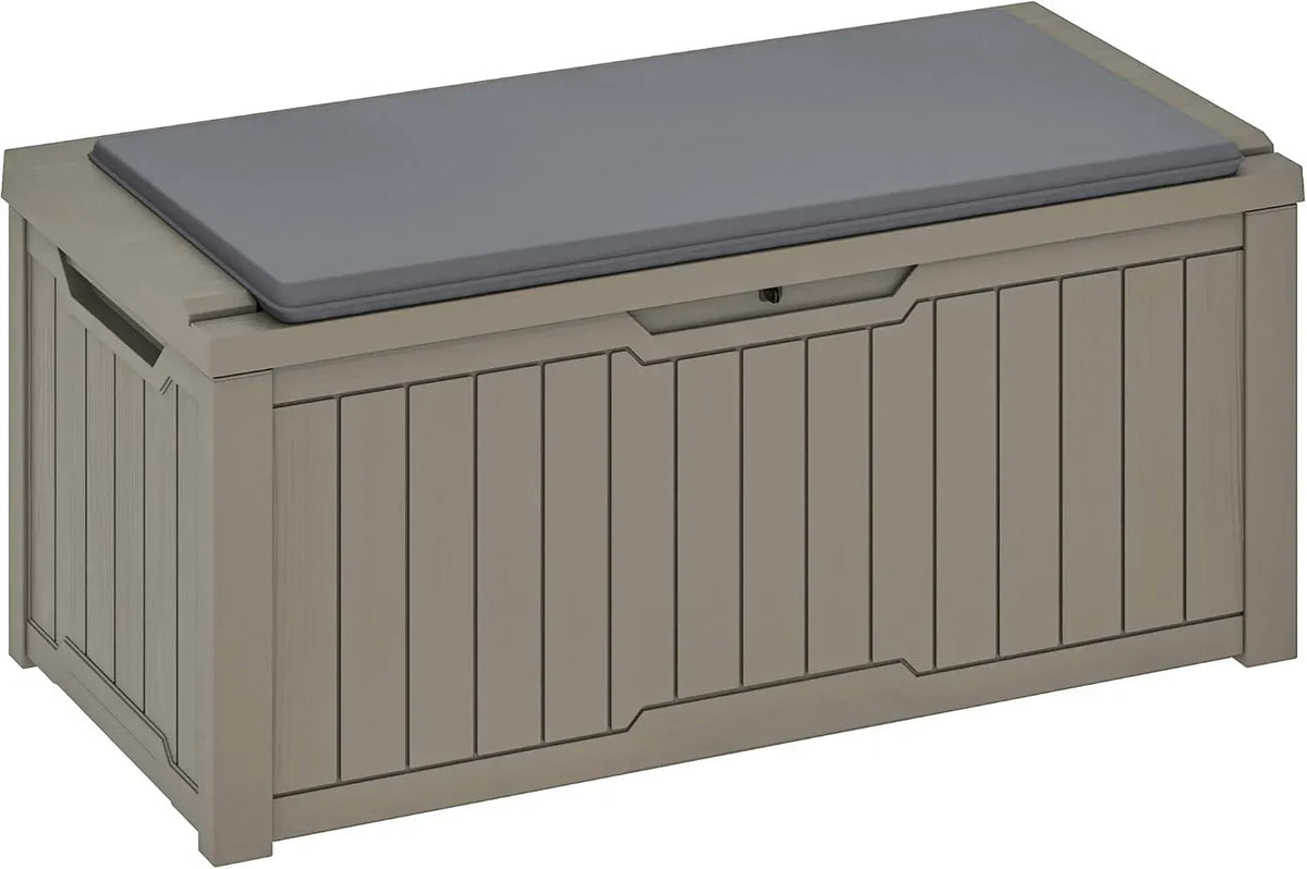 120 Gallon Outdoor Storage Deck Box with Cushion, Large Resin Patio Storage for Outdoor Pillows, Garden Tools and Pool-Supplies, Waterproof, Lockable (Taupe)