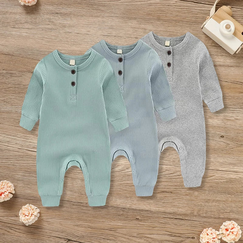 3-Pack Newborns Infants Baby Boys & Girls Long Sleeve Ribbed Romper Soft Button Front Jumpsuit