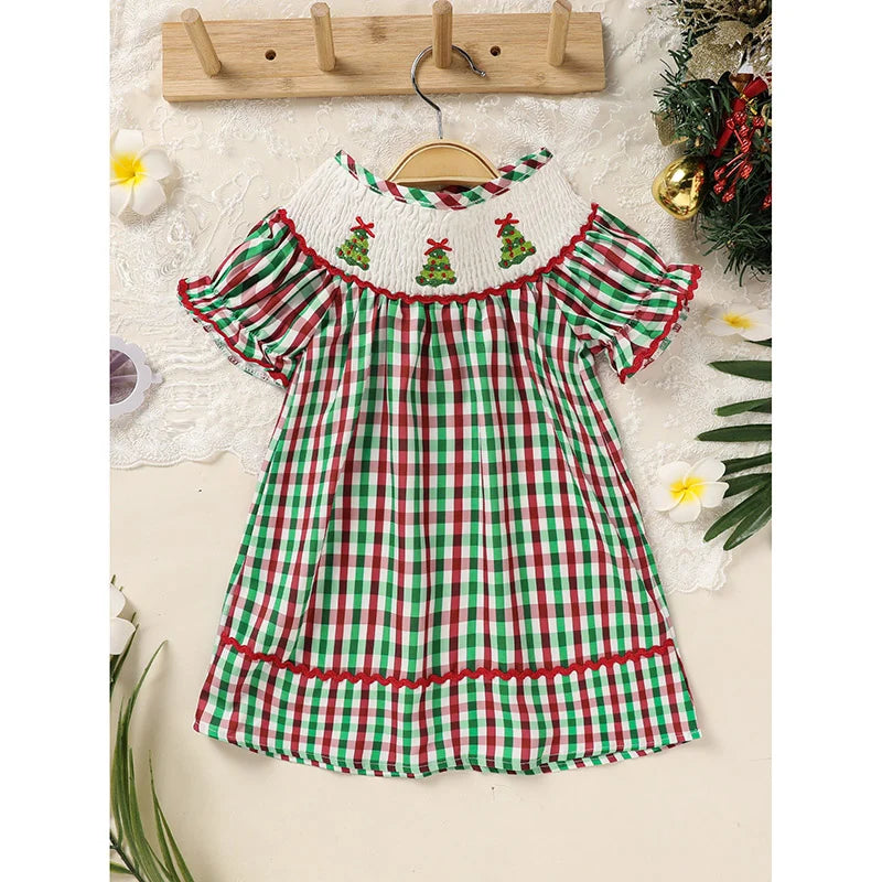 Toddler Infant Baby Girls Christmas Dress Short Sleeve Christmas Tree Embroidered Plaid Casual Party Dresses