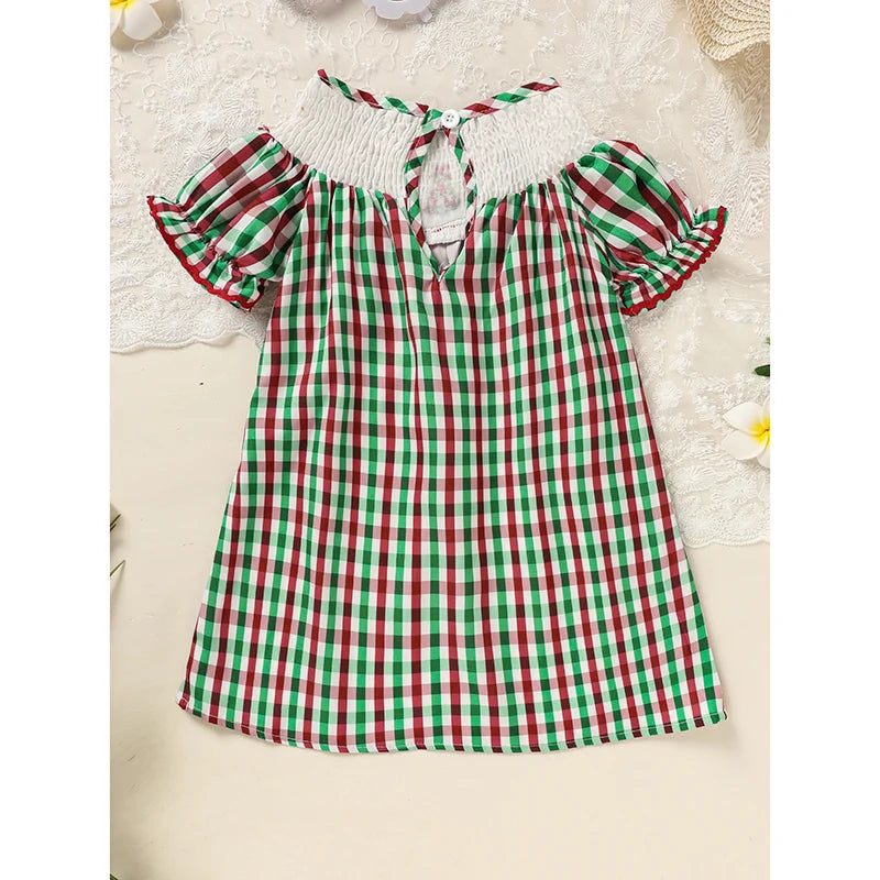 Toddler Infant Baby Girls Christmas Dress Short Sleeve Christmas Tree Embroidered Plaid Casual Party Dresses