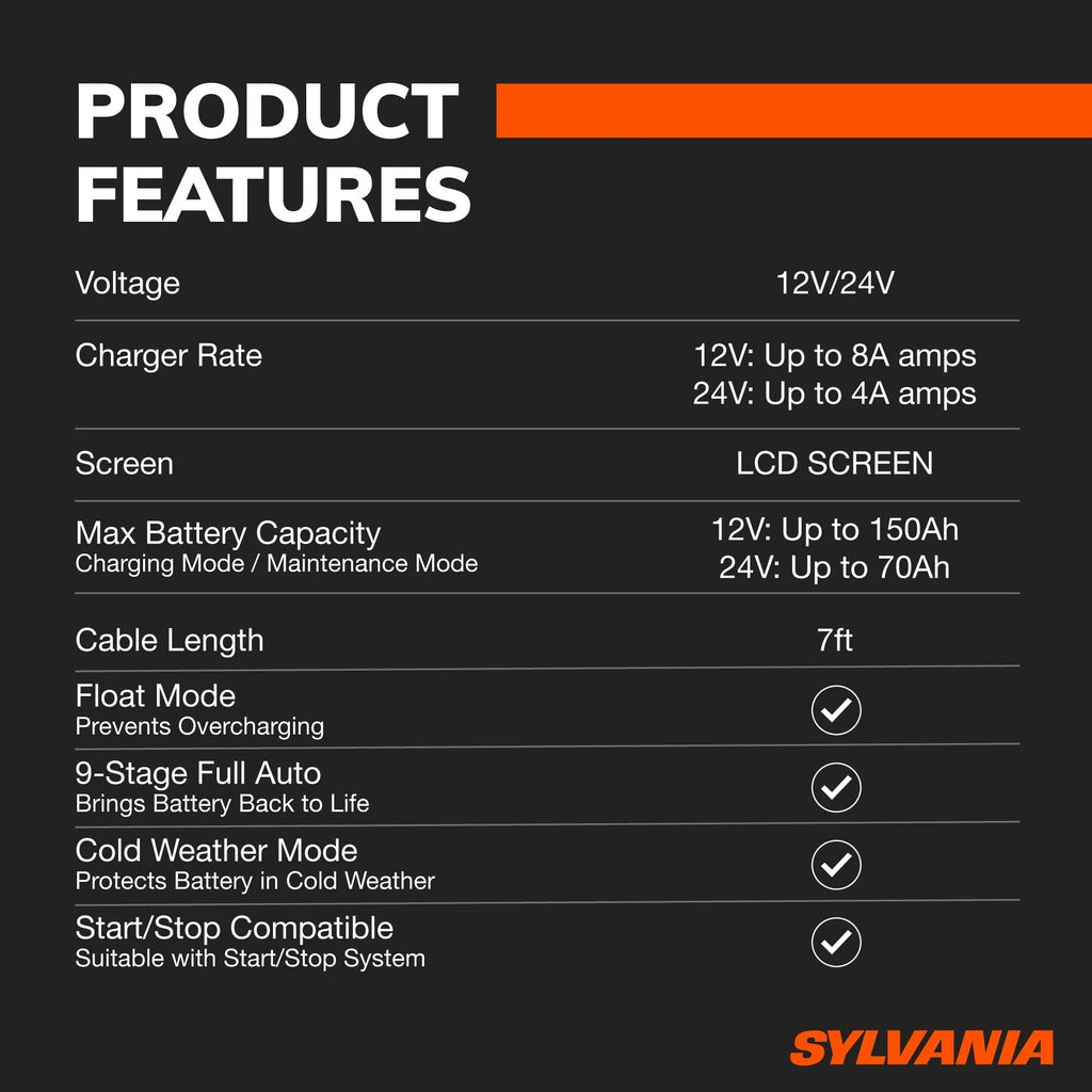 SYLVANIA - Smart Charger - Heavy-Duty, Portable Car Battery Charger - Make Charging Your Car Battery Easy - Use as Battery Maintainer & Charger - 12V or 24V Voltage Output - 8 AMP
