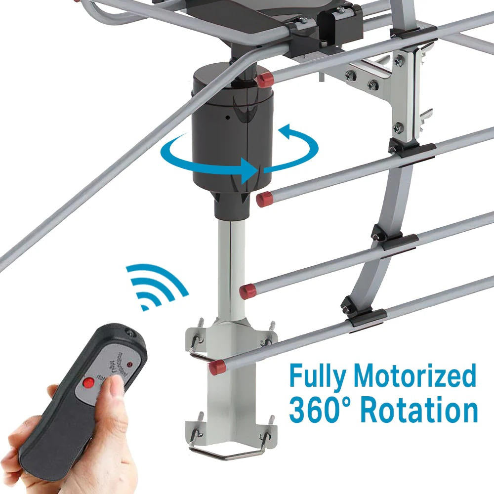 Outdoor HD TV Antenna with 360° Motorized Rotation and Interference Filter, Weatherproof