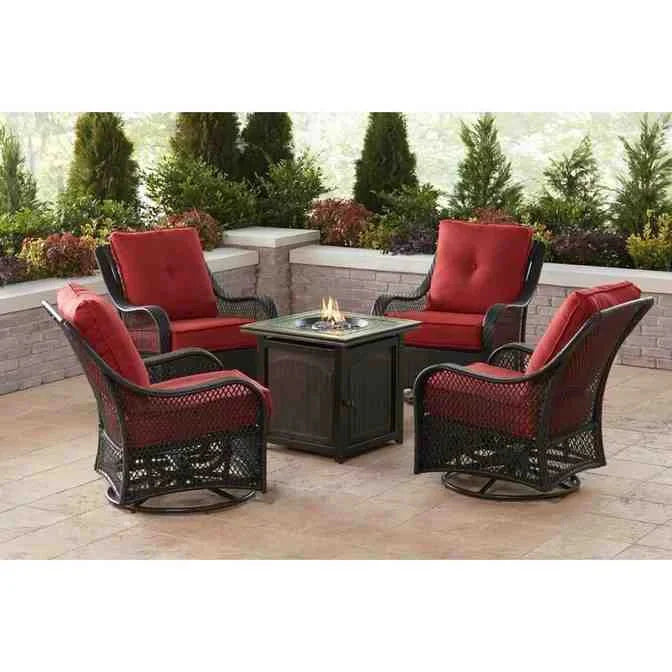 5-Piece Steel Patio Fire Pit Conversation Set with Navy Blue Cushions, Swivel Gliders and Square Fire Pit Table