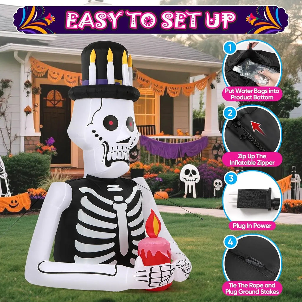 6FT Halloween Inflatables Skull Decoration: Day of The Dead Skeletons Blow Up Outdoor Decor, DÃ­a de Los Muertos Inflatable Built-in LEDs for Holiday Party, Garden, Lawn, Yard, Patio DÃ©cor