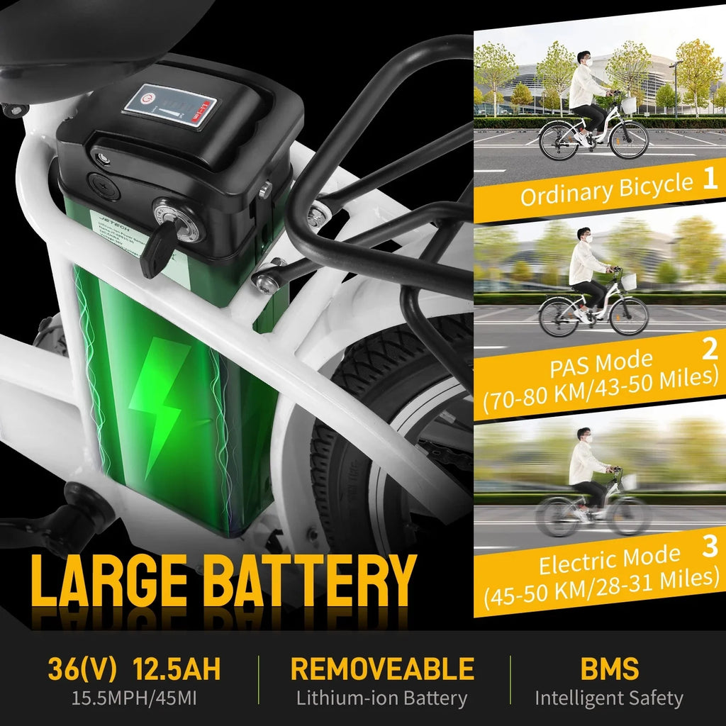 PEXMOR Electric Bike for Adults, 350W (Peak 500W) City Commuter Ebike 36V 12.5AH Removable Battery, 26 Cruiser Electric Bicycle Shimano 6-Speed | Dual Shock Absorber | Basket