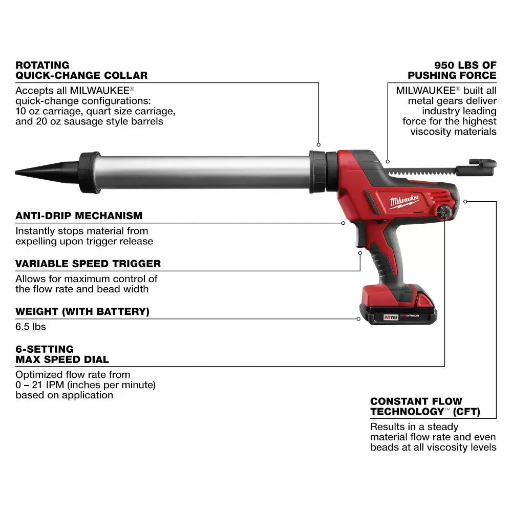 Milwaukee 2642-21CT M18 18V 20-Oz Aluminum Caulk Adhesive Gun Kit
