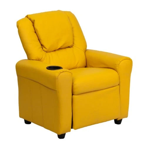 EMMA + OLIVER Beige Vinyl Kids Recliner with Cup Holder and Headrest
