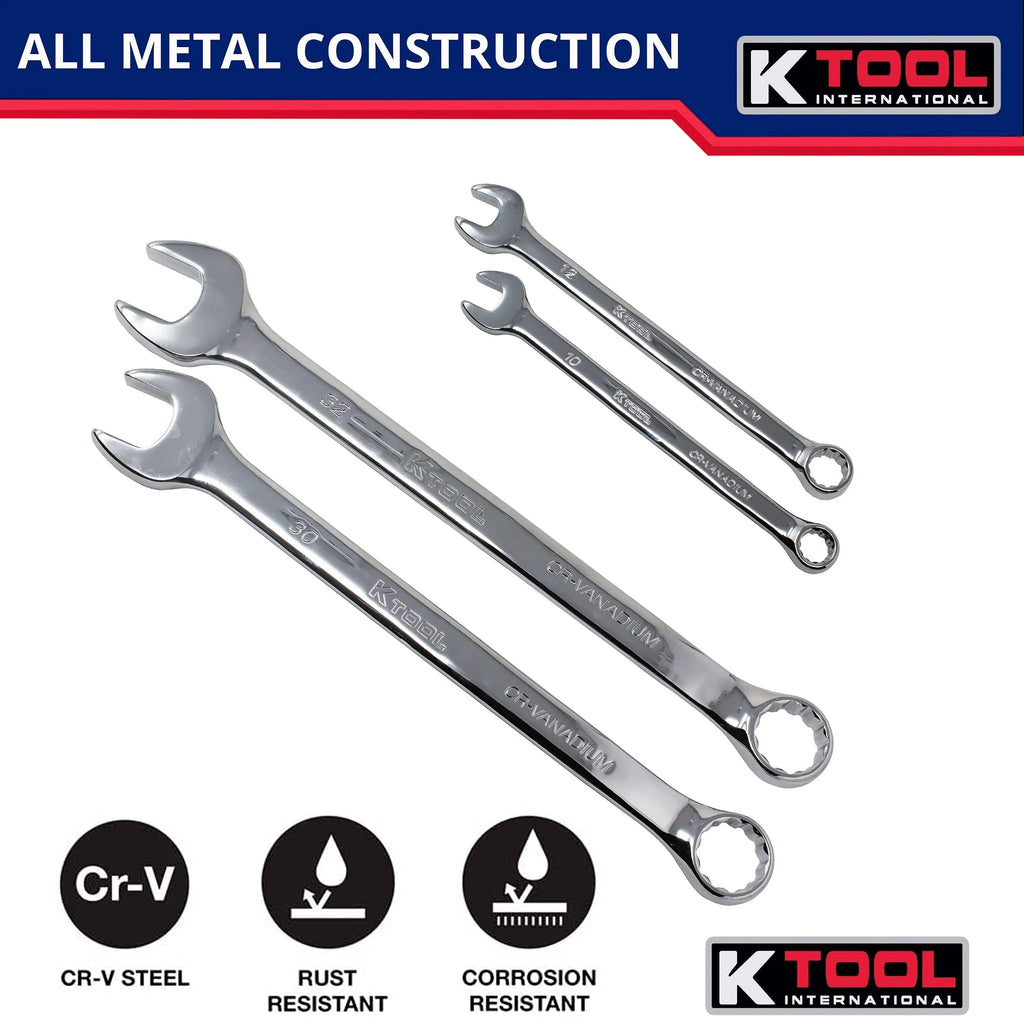 K Tool International 41803 Metric Combination Wrench Set for Garages, Repair Shops, and DIY, Chrome Plated, 12-point, Laser Engraved, Corrosion/Rust Resistant, 8-32mm Wrenches, 23-slot Sleeve