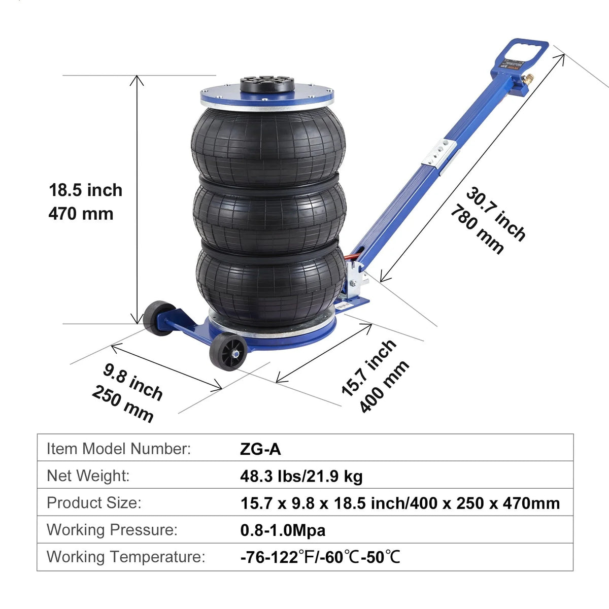 BENTISM Air Jack, 5 Ton/11000 lbs Triple Bag Air Jack, Airbag Jack with Six Steel Pipes, Lift up to 17.7, 3-5 s Fast Lifting Pneumatic Jack, with Adjustable Long Handles for Cars, Garages, Repair