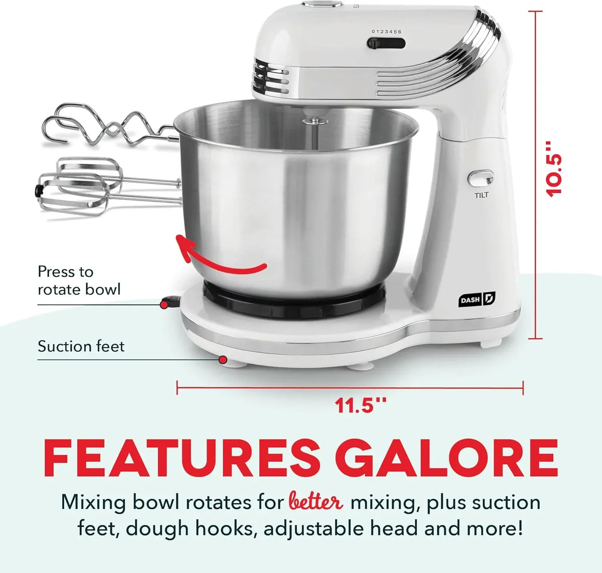 Dash Stand Mixer (Electric Mixer for Everyday Use): 6 Speed Stand Mixer with 3 qt Stainless Steel Mixing Bowl, Dough Hooks & Mixer Beaters for Frosting, Meringues & More - White