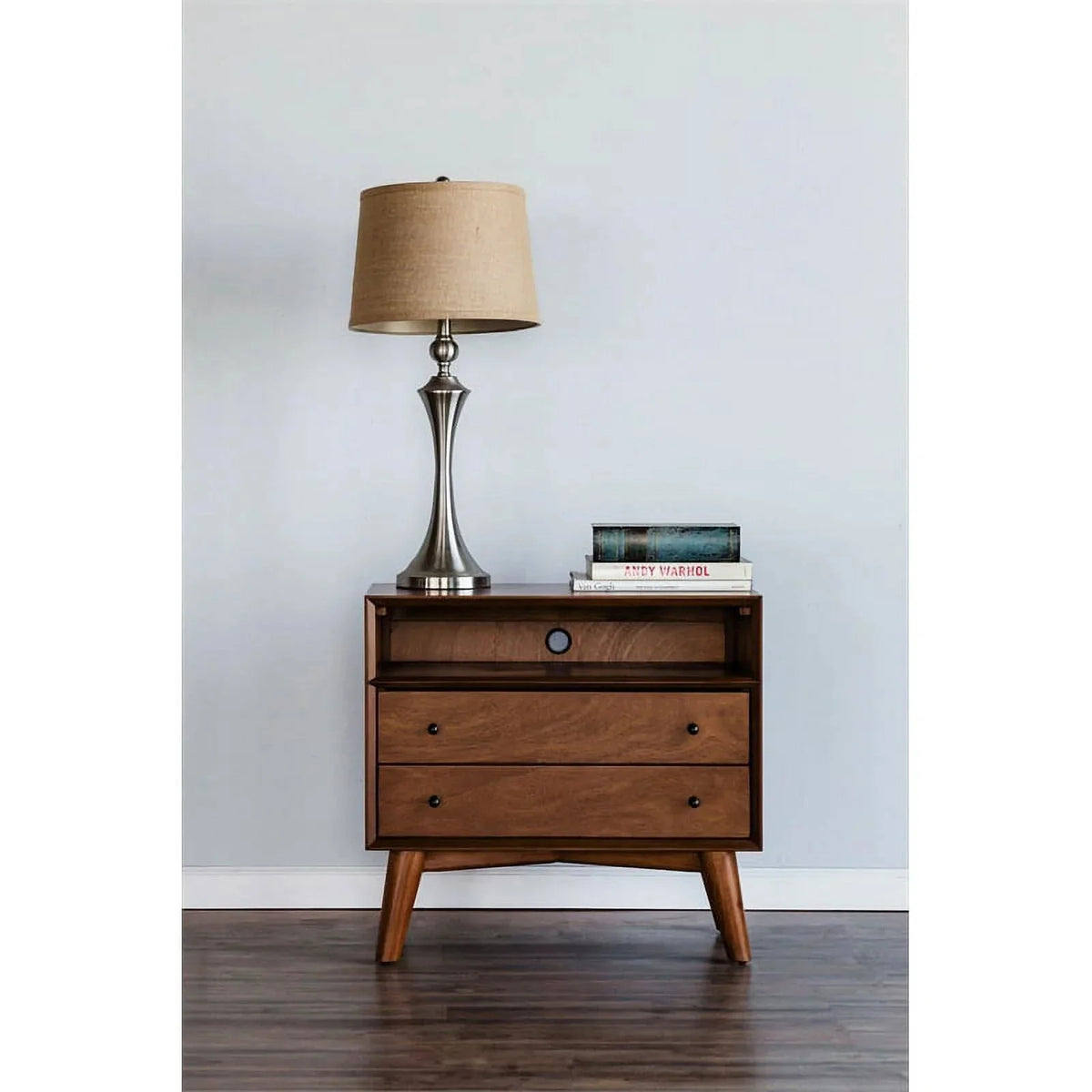Home Square 4 Piece Set with Small TV Console Full Wood Bed & Large Nightstand
