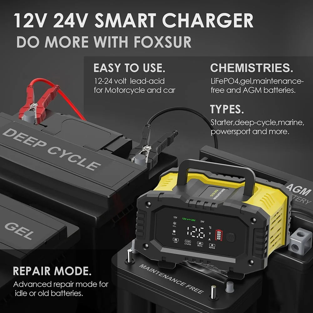 BESVEH 20A/10A Car Motorcycle Battery Charger 12V/24V Smart Charger Lithium AGM