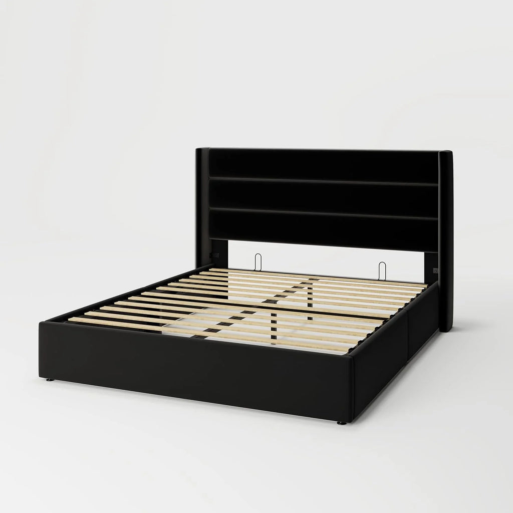 Queen Size Lift Up Storage Bed, Modern Wingback Headboard, Hydraulic Support, No Box Spring Needed, Light Beige