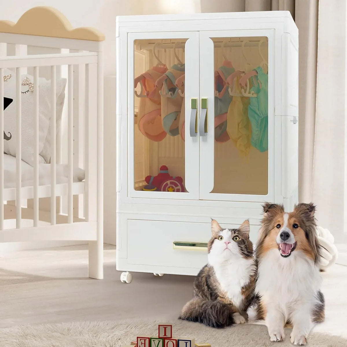 Pet Wardrobe Closet - Stackable Storage Bins with Doors, Wheels, and Hanging Rods - Stackable Drawers - Dog Accessories, Toys, Clothes