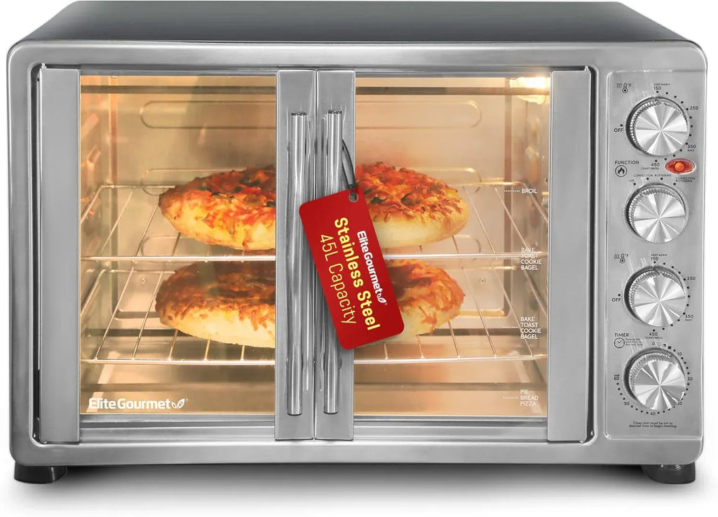 Elite Gourmet ETO2530M Double French Door Countertop Toaster Oven, Bake, Broil, Toast, Keep Warm, Fits 12 pizza, 25L capacity, Stainless Steel & Black