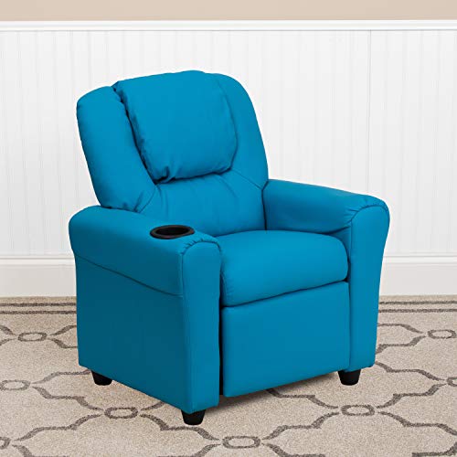 EMMA + OLIVER Beige Vinyl Kids Recliner with Cup Holder and Headrest