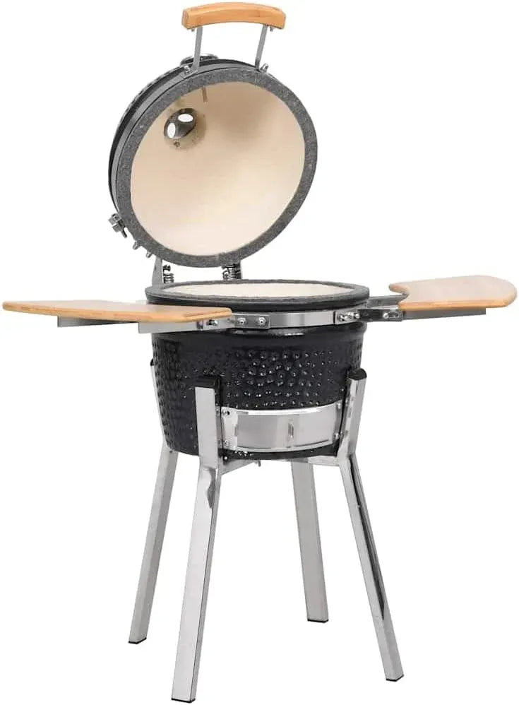 vidaXL Durable Ceramic Kamado Grill Smoker - Versatile 31.9 Charcoal/Wood-Fueled BBQ Grill with Built-in Thermometer and Hinged Lid, Foldable Side Shelves