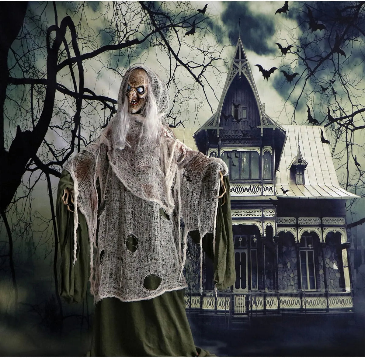 Haunted Hill Farm Life-Size Scary Talking Witch, Animatronic with Touch Activated Lights and Sound, Battery Operated Indoor or Covered Outdoor Decoration, Creepy Halloween Prop