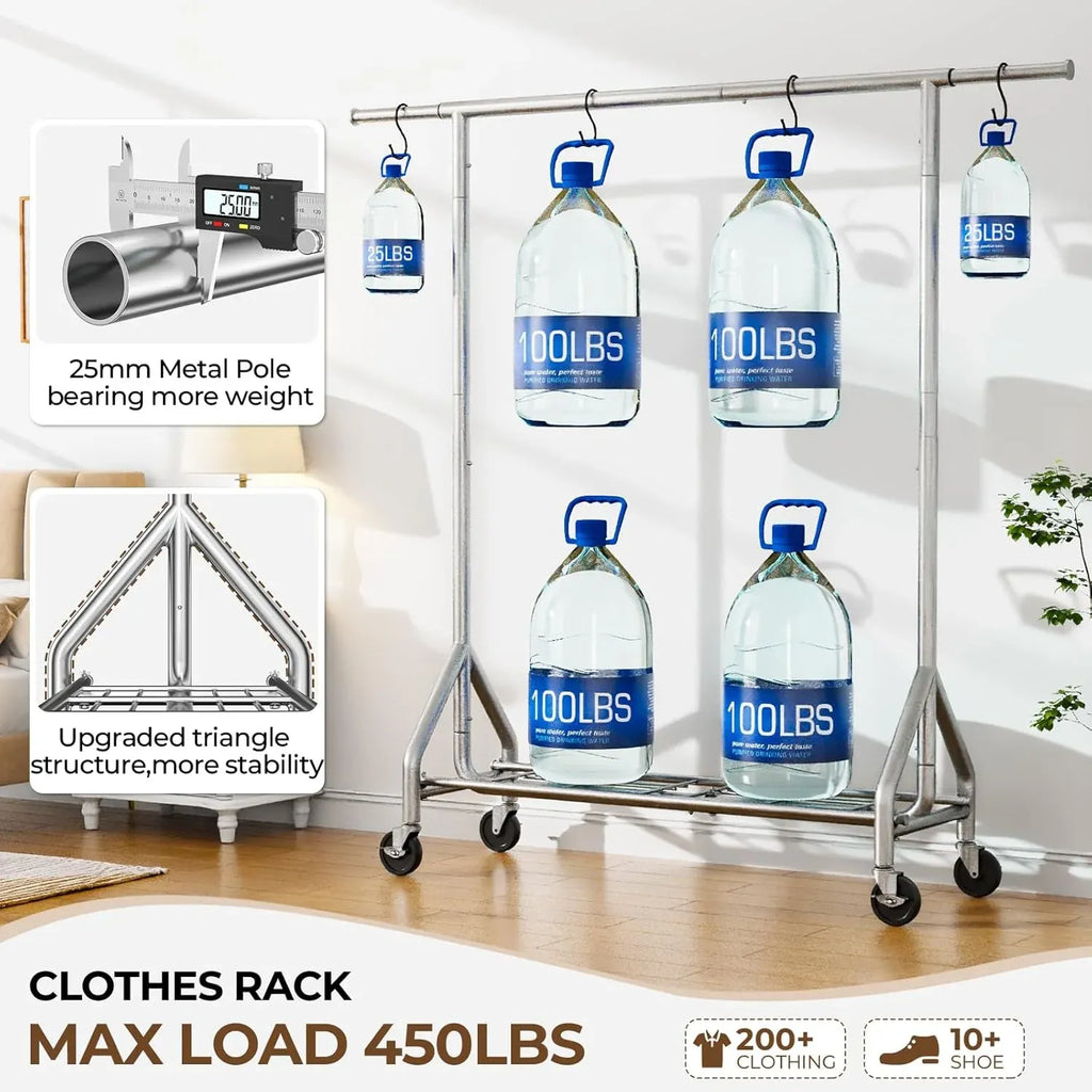 Heavy Duty Clothes Rack Load 450 LBS, Metal Garment Rack, Standing Rolling Clothing Rack for Hanging Clothes with Sturdy Wheels & Shelves, Portable Closet Wardrobe Rack,Sliver