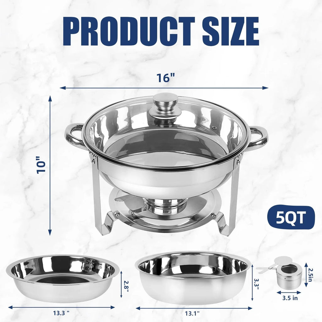 IMACONE 5QT Chafing Dish Buffet Set 2-Pack with Glass Lid, Stainless Steel Round Chafer Set for Catering