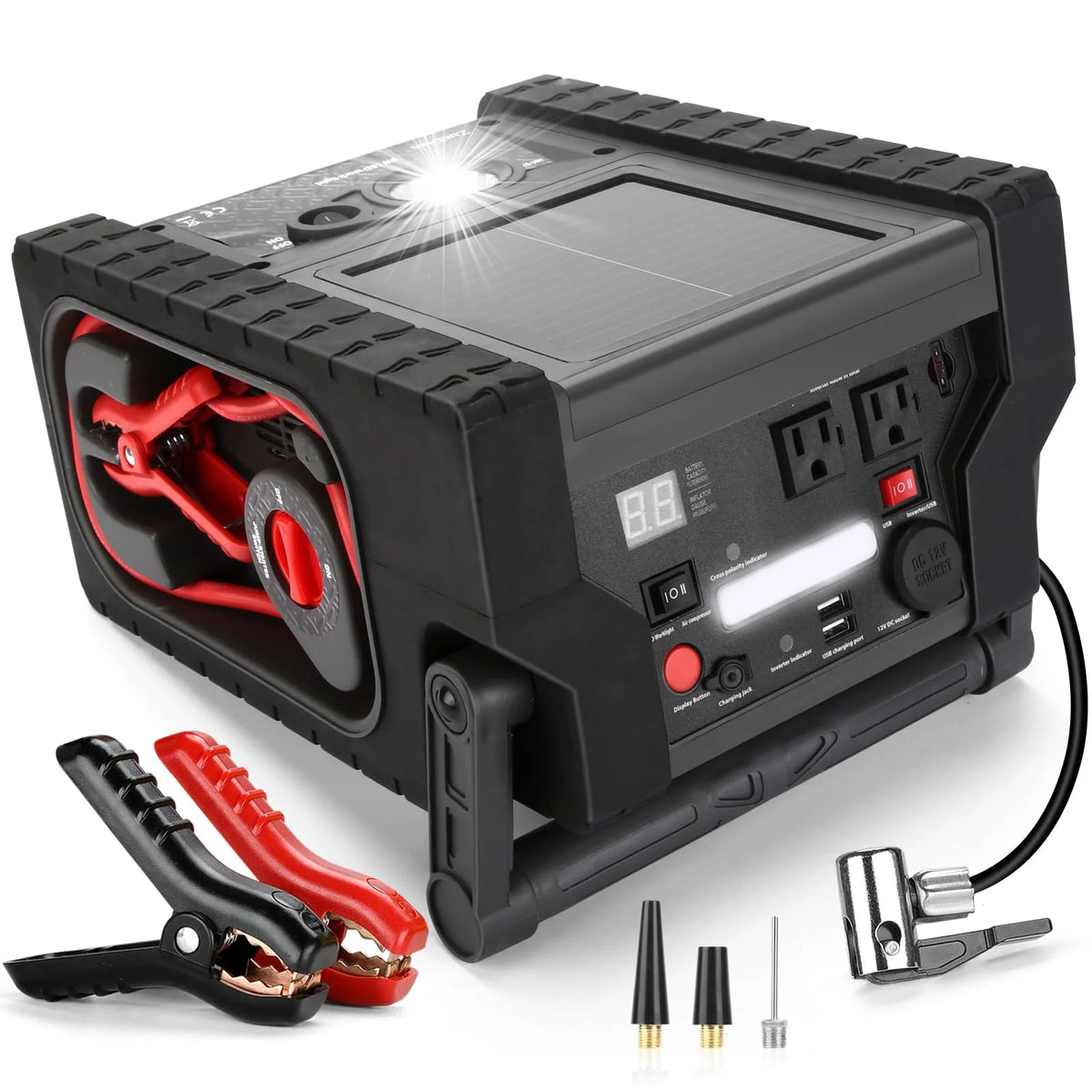 Solar Portable Power Station 2000 Amps Jump Starter, 260 PSI Air Compressor, 12V Car Battery Charger with 400W Inverter Dual AC/DC/USB Output, Emergency Backup Power with Flashlights