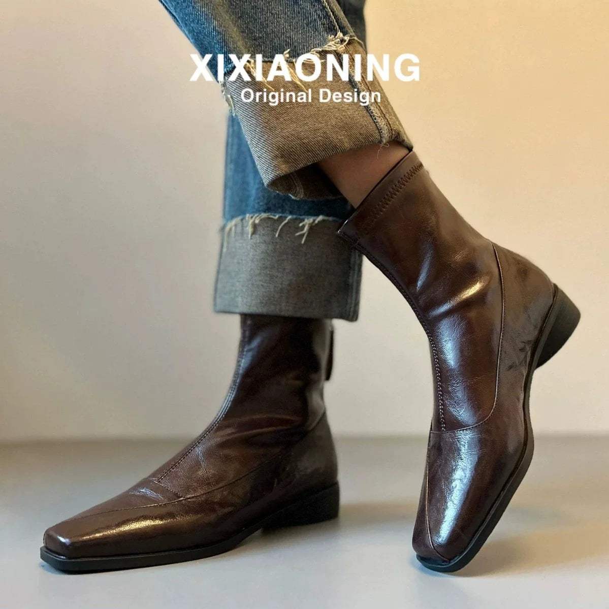 Women French Retro Slim Ankle Boots, Genuine Leather Back Zipper Stretch Boots, Elegant Slimming Block High Heel Short Boots