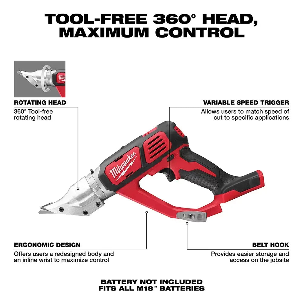 Milwaukee 2635-20 M18 18V 18 Gauge Cordless Double Cut Shear, Bare-Tool