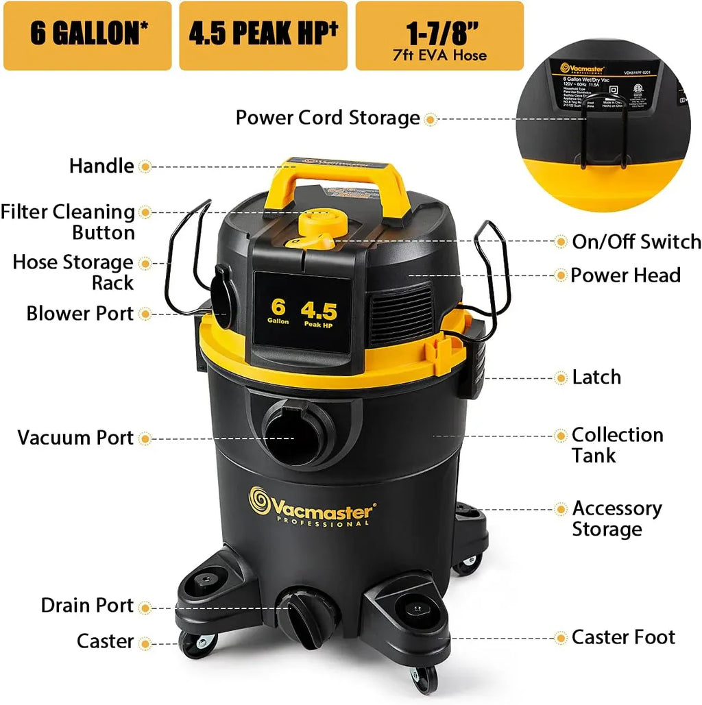Vacmaster Professional 6 Gallon 4.5 Peak HP Wet/Dry Vacuum with Self-Cleaning Filter System - VDK611PF 0201