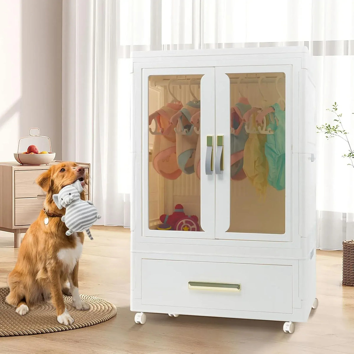 Pet Wardrobe Closet - Stackable Storage Bins with Doors, Wheels, and Hanging Rods - Stackable Drawers - Dog Accessories, Toys, Clothes