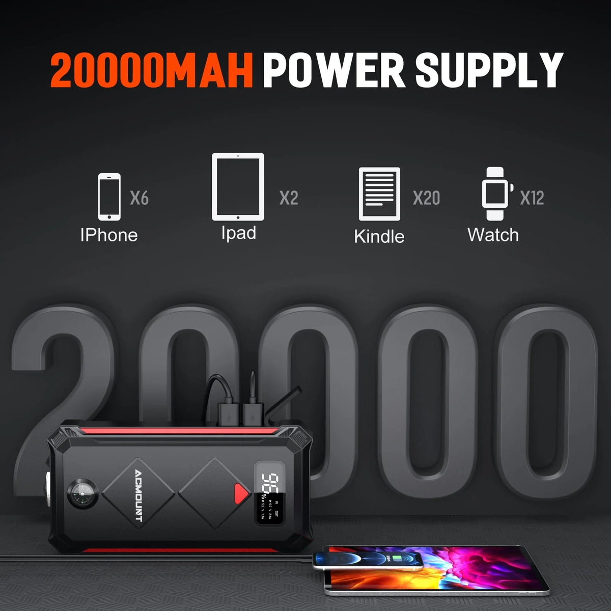 Car Jump Starter, Acmount 2000A 12V Portable Battery Jump Starter Box for up to 9L Gas or 7L Diesel Engine with LED Screen & LED Light