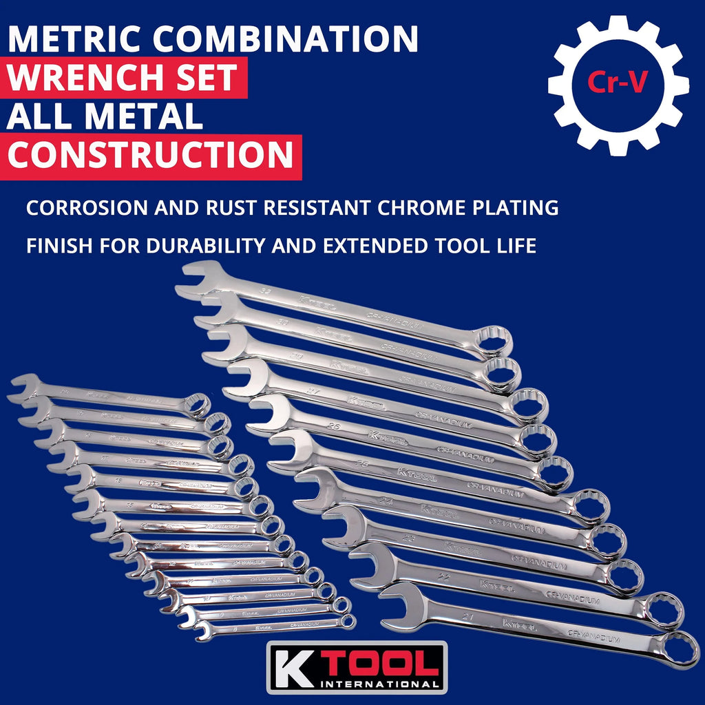 K Tool International 41803 Metric Combination Wrench Set for Garages, Repair Shops, and DIY, Chrome Plated, 12-point, Laser Engraved, Corrosion/Rust Resistant, 8-32mm Wrenches, 23-slot Sleeve
