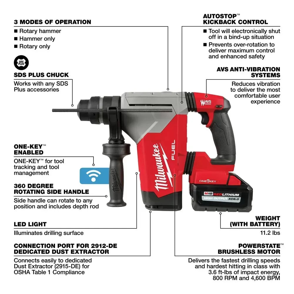 Milwaukee 2915-22DE M18 FUEL 18V 1-1/8 SDS Plus Rotary Hammer HAMMERVAC Kit