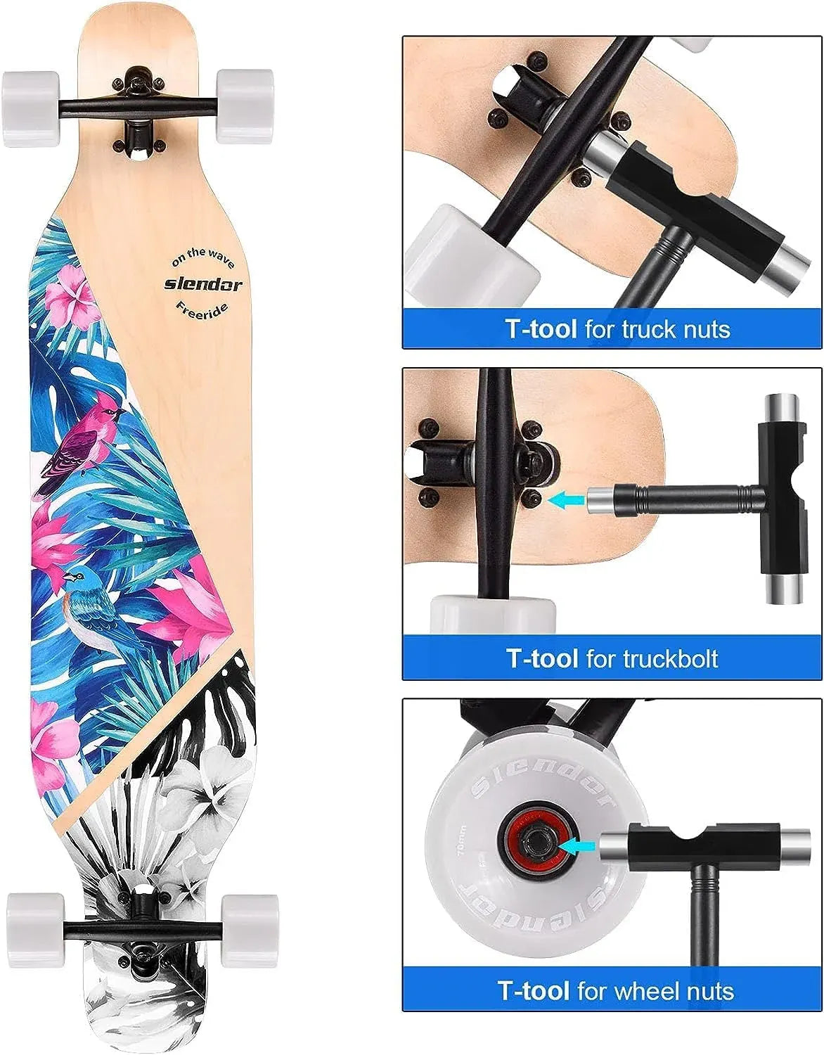 Slendor Longboard Skateboard 42 inch Drop Through Deck Complete Maple Cruiser Freestyle, Camber Concave