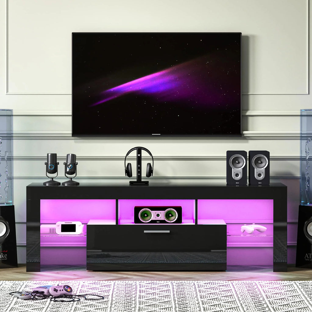 Entrintou Modern LED TV Stand for 32/40/50/55 inch TV, High Glossy Entertainment Center with LED Lights, Gaming Television Stands with Large Storage, Black Wood TV Console for Living Room, Bedroom