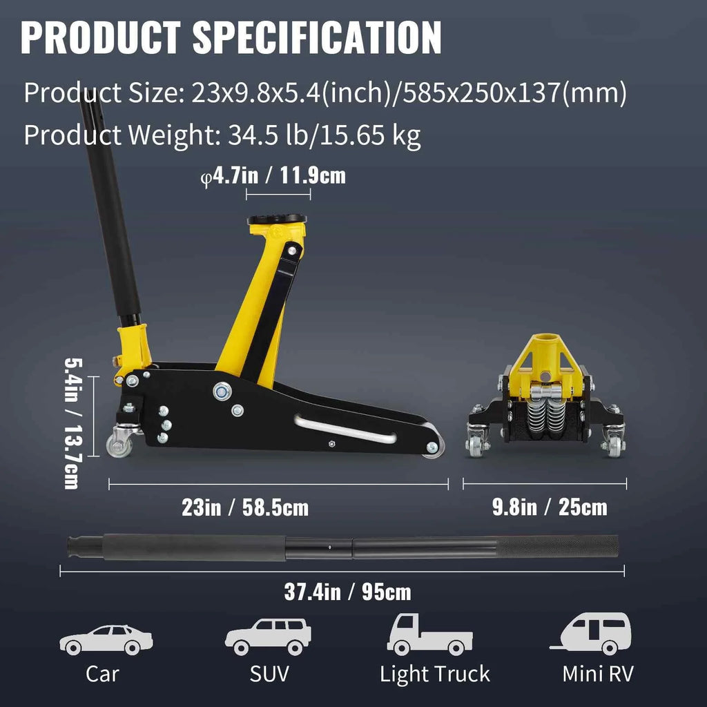 BENTISM Low Profile Floor Jack 1.5 Ton (3300 lbs), Aluminum and Steel Hydraulic Racing Floor Jack, Dual Piston Quick Lift Pump, 3-3/20 - 14-10/27 Height Lifting Range, Yellow+Black