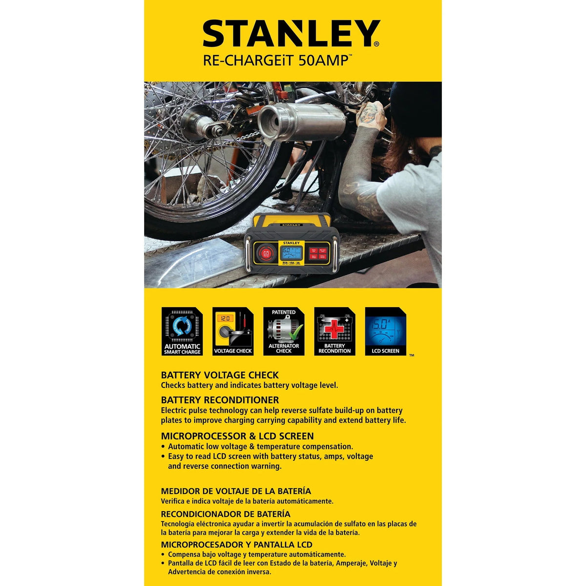 STANLEY 15 Amp Automotive Battery Charger with 50 Amp Engine Start (BC50BS) New