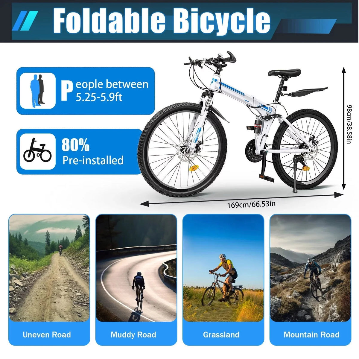 Wuzstar 26 Mountain Folding Bike 21-Speed High-Carbon Steel Mountain Bicycle with Dual Disc-Brake