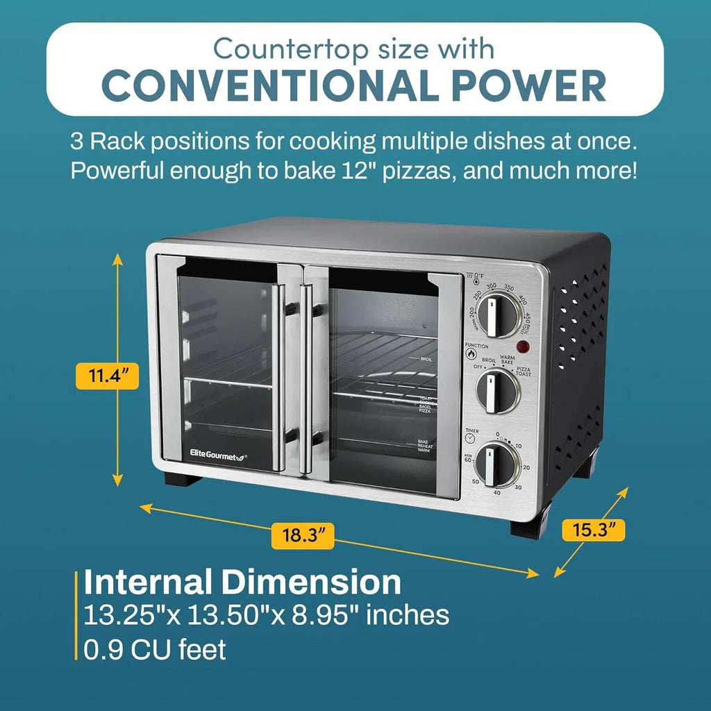 Elite Gourmet ETO2530M Double French Door Countertop Toaster Oven, Bake, Broil, Toast, Keep Warm, Fits 12 pizza, 25L capacity, Stainless Steel & Black