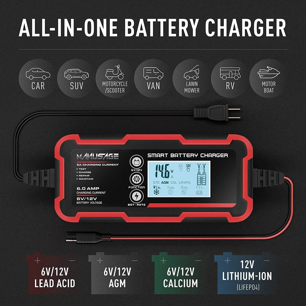 Manusage 10-Amp Fully-Automatic Smart Charger, 6V and 12V Portable Automotive Car Battery Charger, Battery Maintainer, Trickle Charger,Battery Desulfator with Temperature Compensation, AGM,Deep Cycle