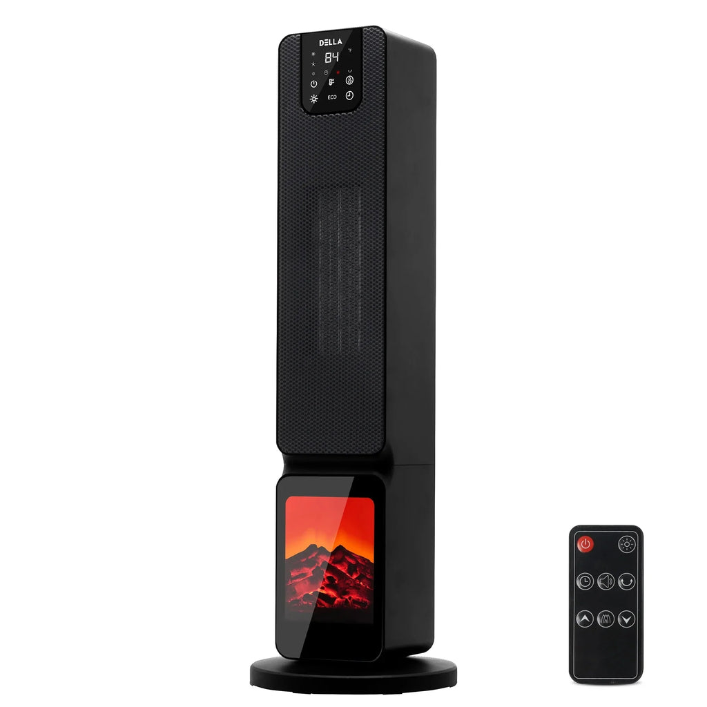 DELLA 26 1500W PTC Fast and Quiet Ceramic Portable Electric Space Heaters with Realistic 3D Flame & Fire Crackling Sound, 3 Modes, Eco, LED Display, Remote, Safety Indoor Room Tower Heater Fan, Black