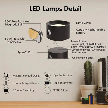 Magnetic Rechargeable Wall Light with 360 Degrees Rotation and Touch Controls, USB-C Charging