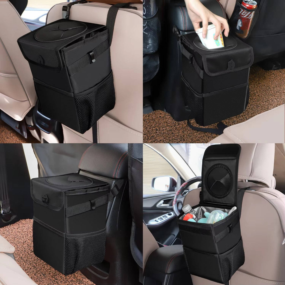 Leak Proof Car Trash Can with Lid and Storage Pockets, Large Capacity Automotive Garbage Bag & Multipurpose Organizer