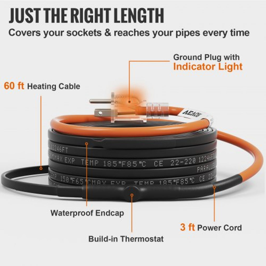 Pipe Heating Cable with Automatic Thermostat Control, 60ft  Self-Regulating
