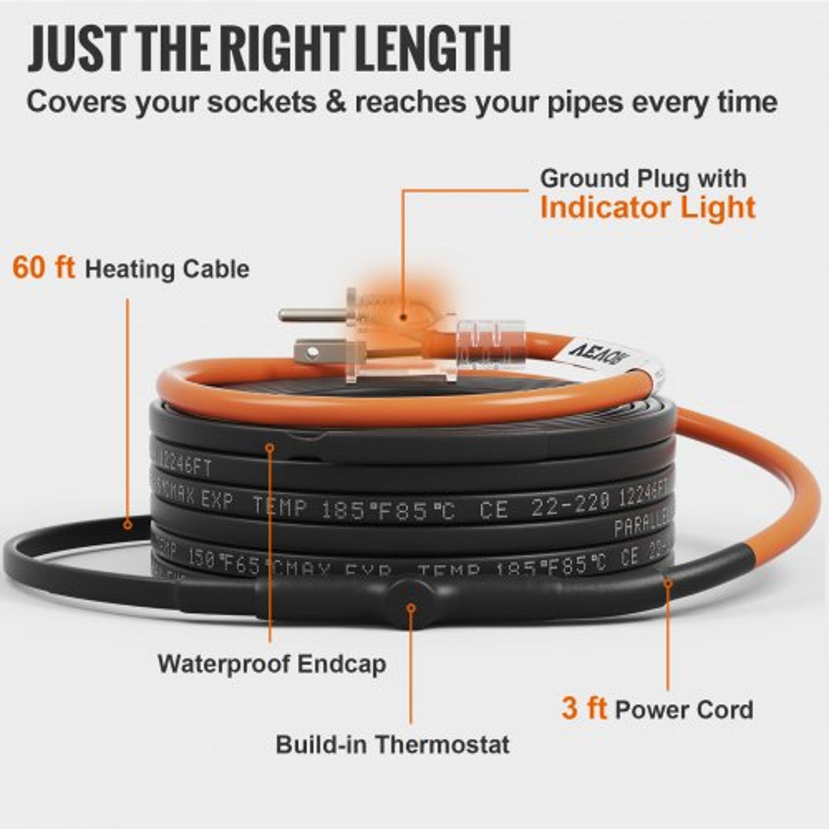 Pipe Heating Cable with Automatic Thermostat Control, 60ft  Self-Regulating